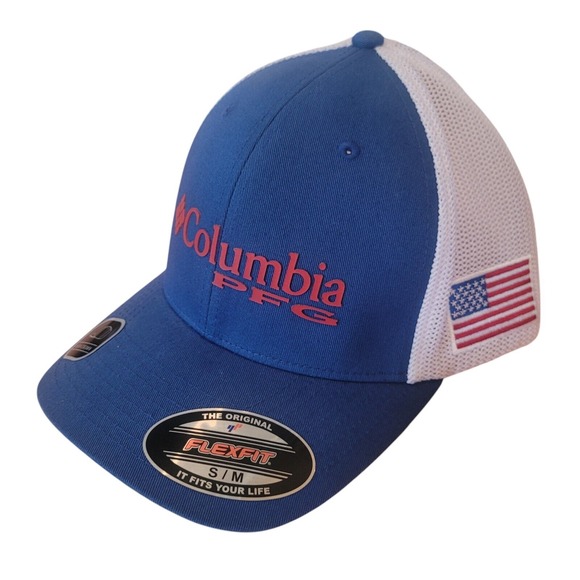 Columbia PFG Hat S/M Flexfit High Crown Mesh Ball Cap Blue USA Flag Logo NWT New - Picture 1 of 7
